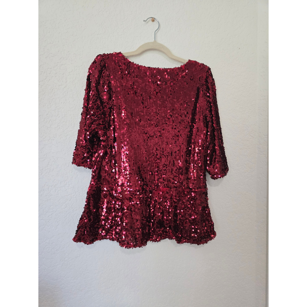 NWT but Flawed City Chic Red Sequin Puff Sleeve Peplum Top Size 14 - Picture 3 of 6